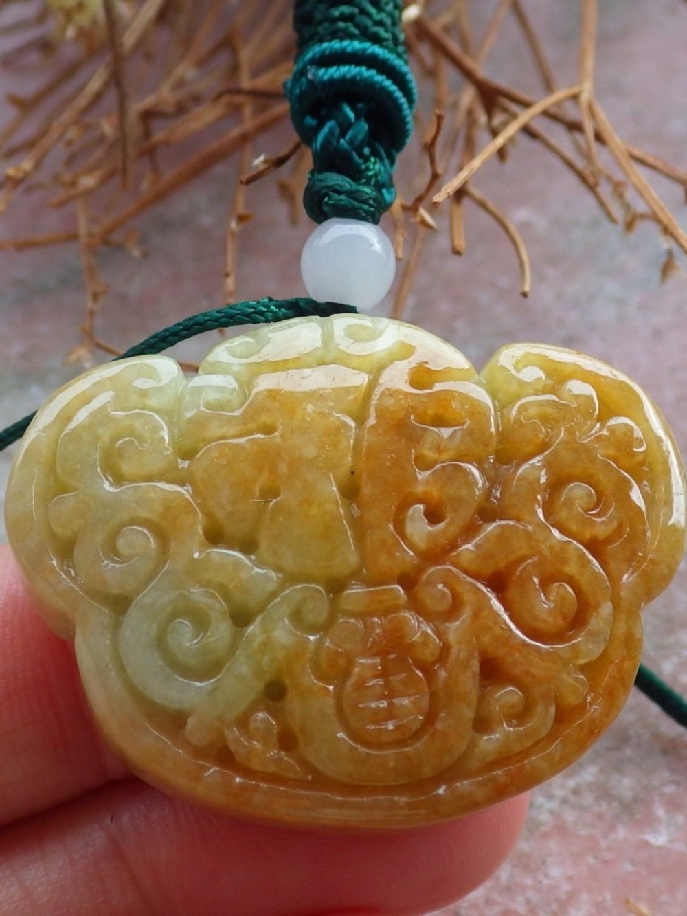 Certified Natural Burma A Jade jadeite Bat Fu Lotus Ruyi Flower Pendant Necklace